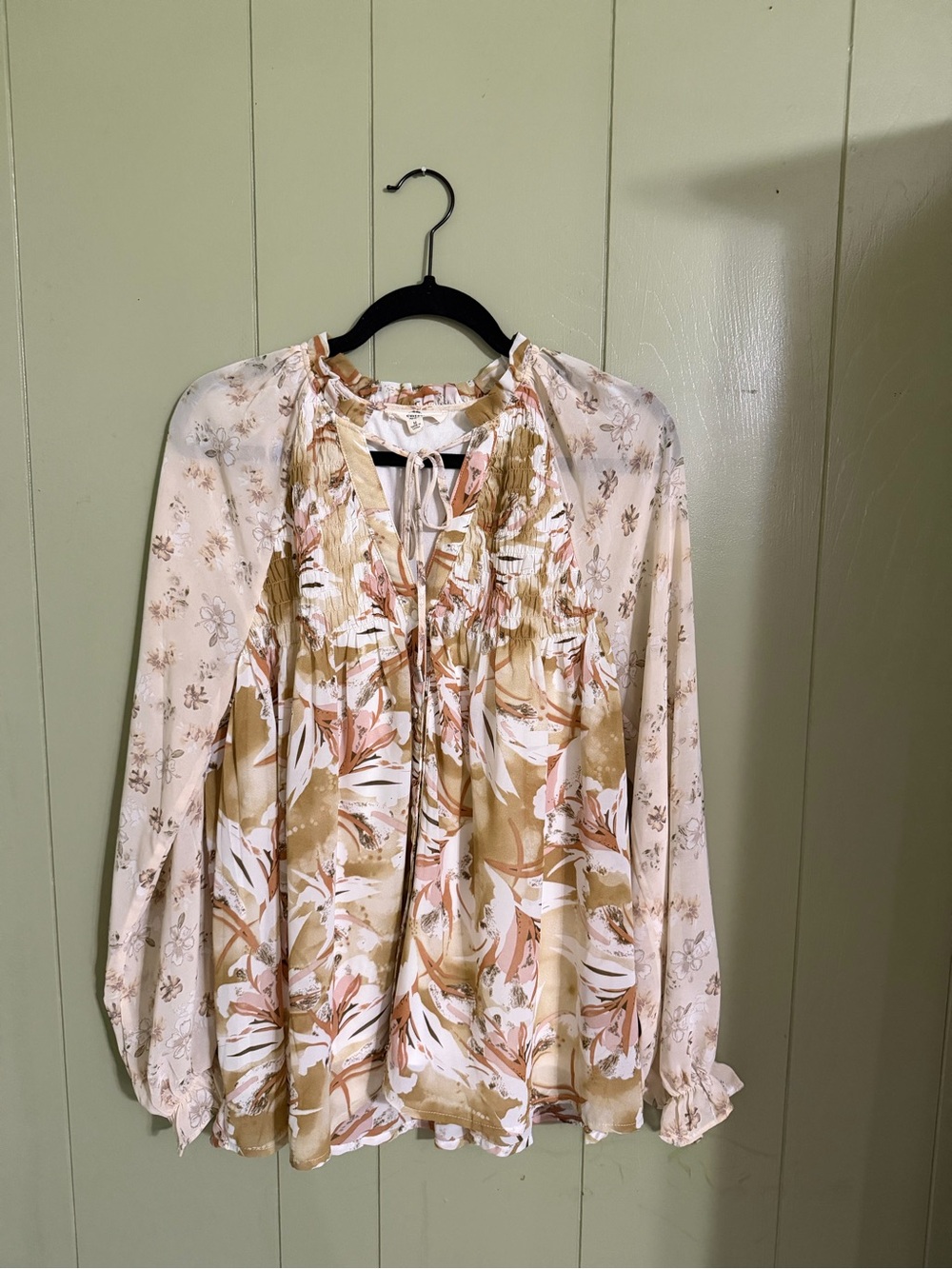 entro Floral Ruffle Tie-Neck Blouse in Cream, Pink and Tan